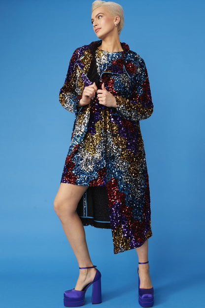 Multi Coloured Sequin Trench Coat with Removable Blue Faux Fur Collar