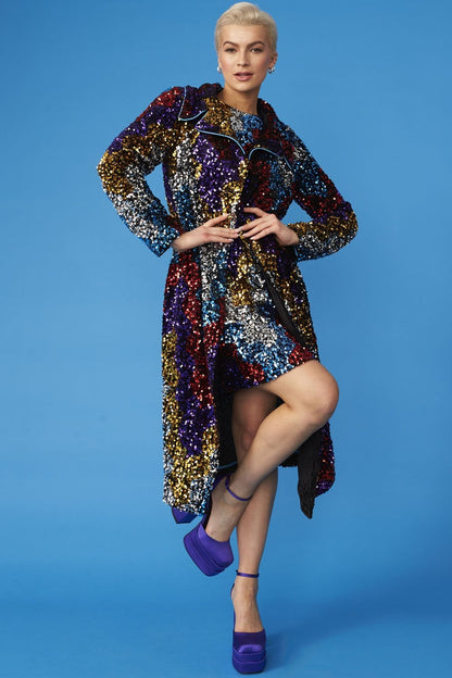 Multi Coloured Sequin Trench Coat with Removable Blue Faux Fur Collar