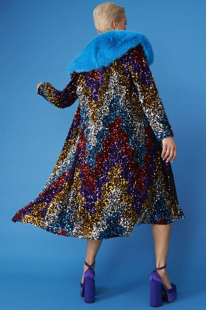 Multi Coloured Sequin Trench Coat with Removable Blue Faux Fur Collar