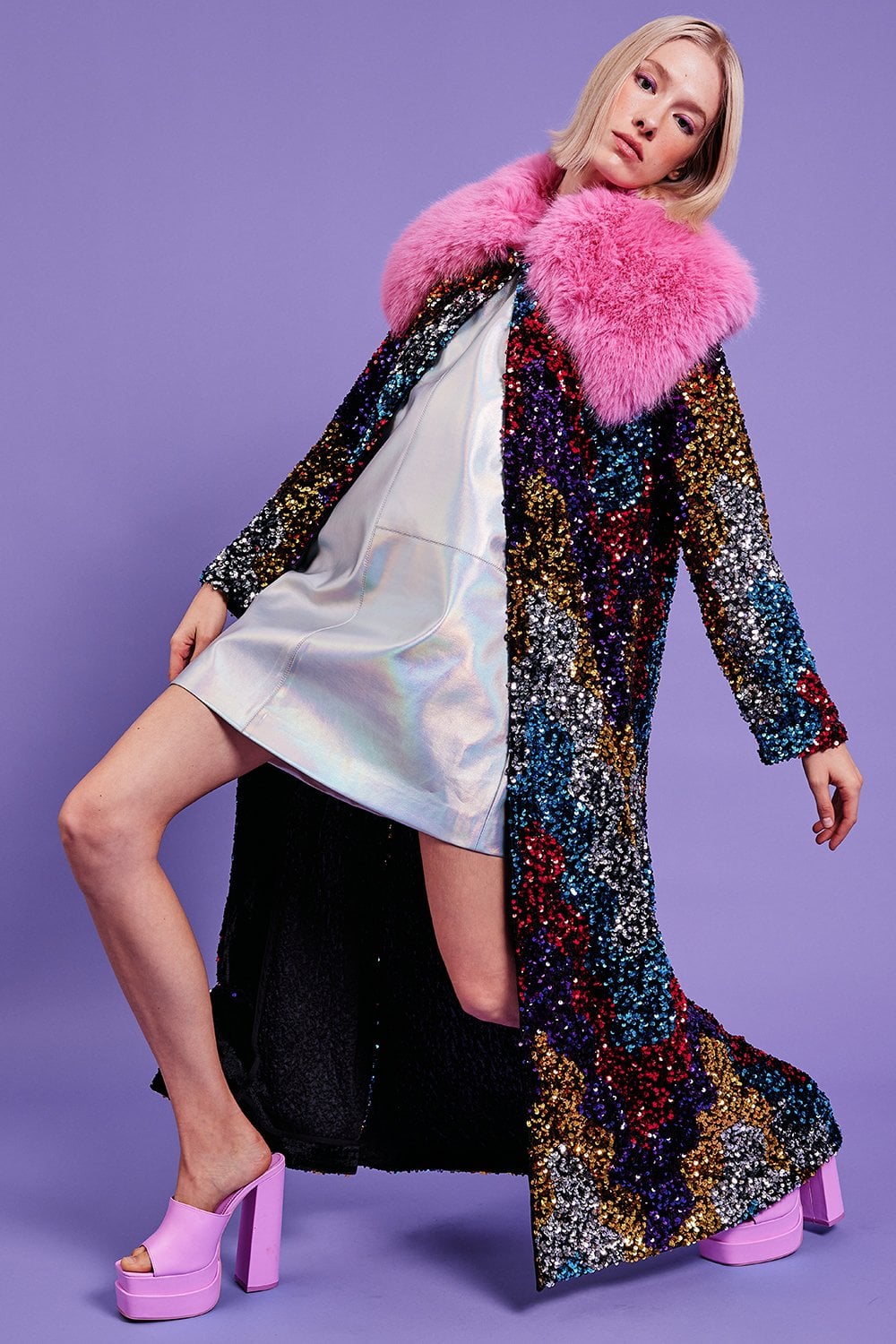 Black Sequin Velvet Trench Coat with Pink Faux Fur Collar