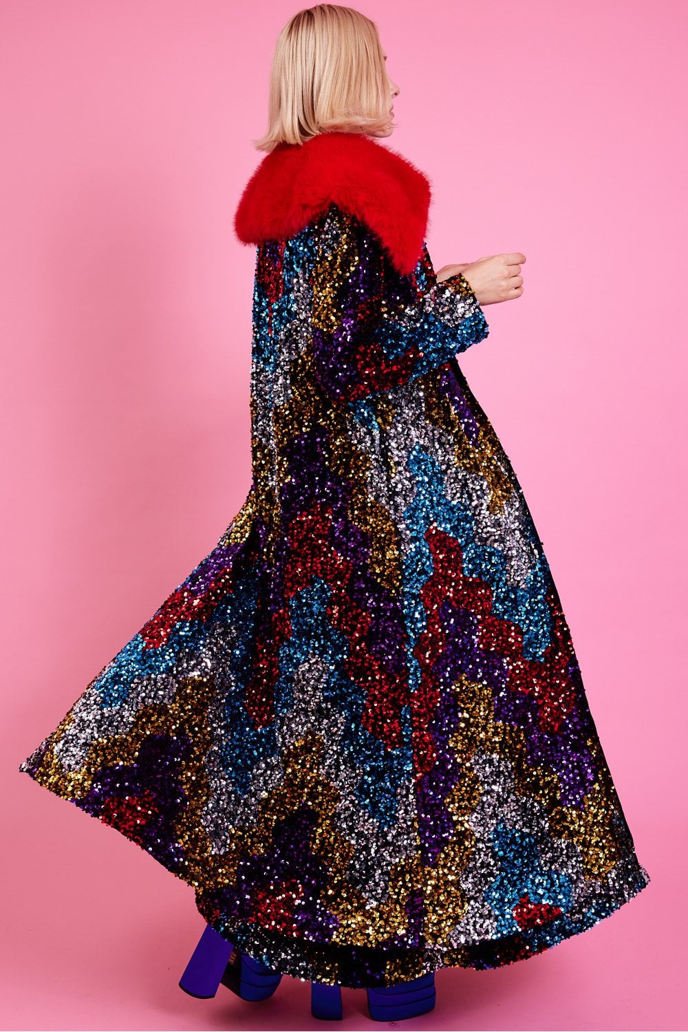 Black Sequin Velvet Trench Coat with Red Faux Fur Collar