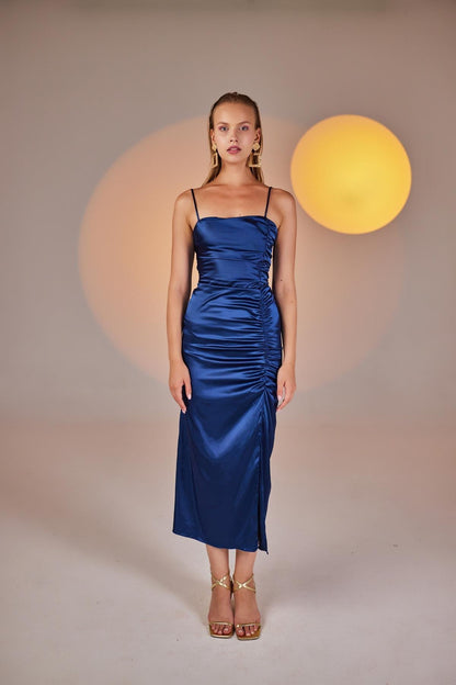 Dipsy Blue Satin Strappy Slit Midi Dress