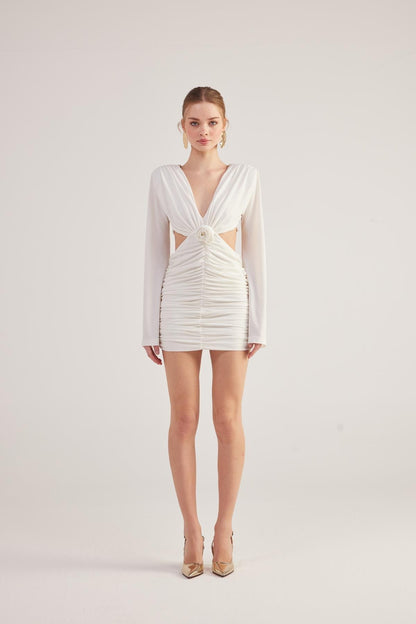Hanna White Backless Long Sleeve Mini Dress with Removable Rose Accessory