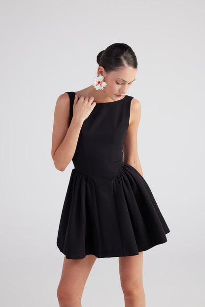 Alena Black Pleated Skirt Mini Dress