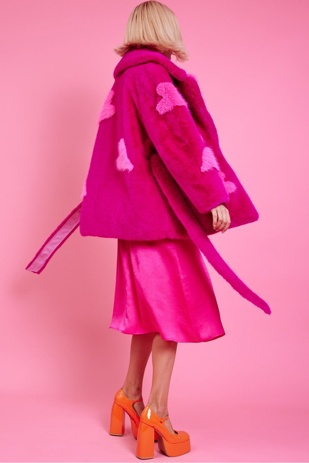 Pink Eco Bamboo Faux Fur Coat with Love Heart Detailing