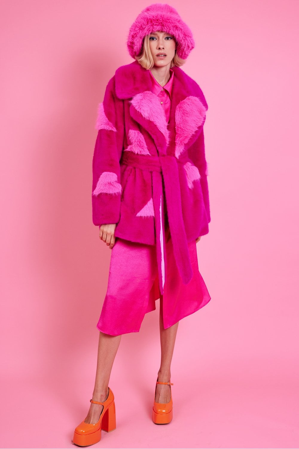 Pink Eco Bamboo Faux Fur Coat with Love Heart Detailing