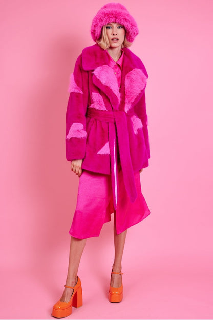 Pink Eco Bamboo Faux Fur Coat with Love Heart Detailing