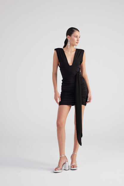 Uma Black Ruched Mini Dress