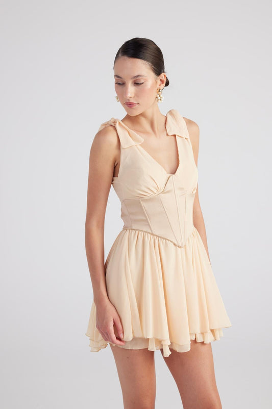 Fiona Beige Ruched Mini Dress with Pleated Skirt