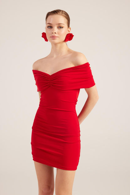Muse Red Bardot Neck Mini Dress