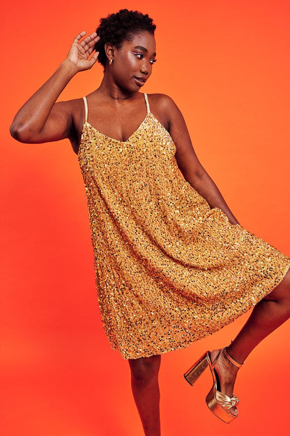 Gold Sequin Curve Size Cami Swing Dress