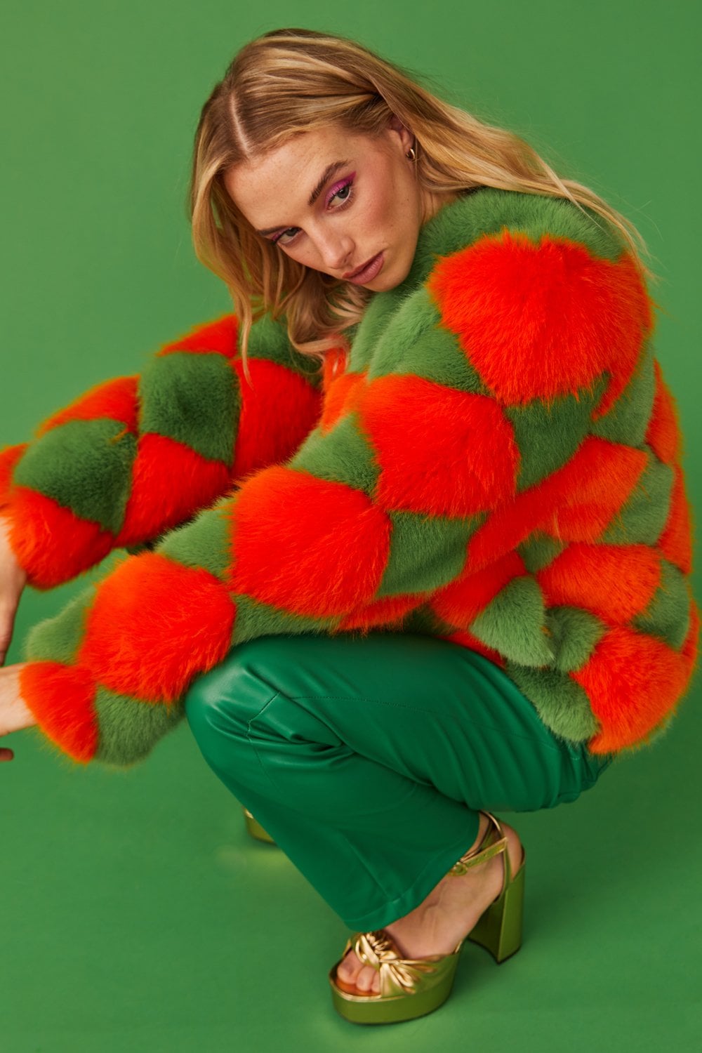 Delilah Green Red Faux Fur Jacket