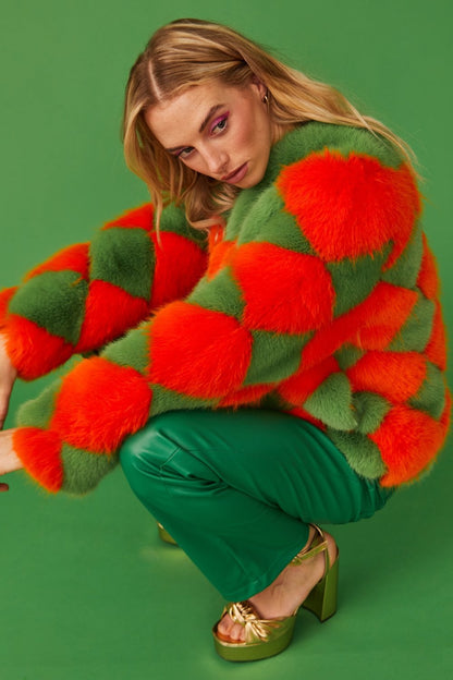 Delilah Green Red Faux Fur Jacket