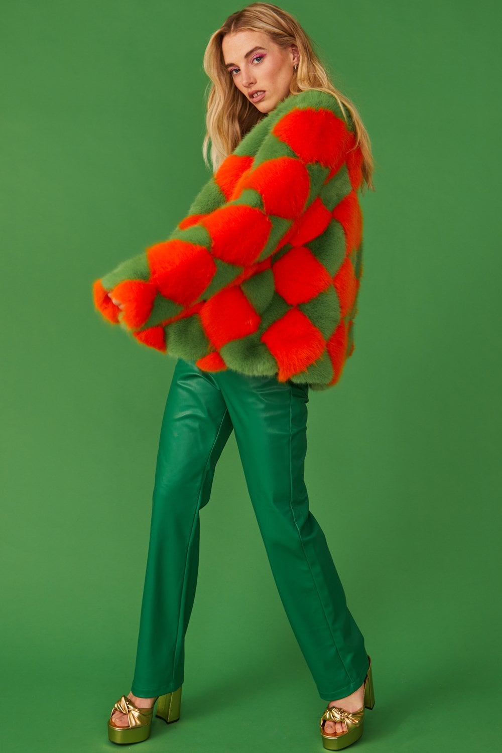 Delilah Green Red Faux Fur Jacket