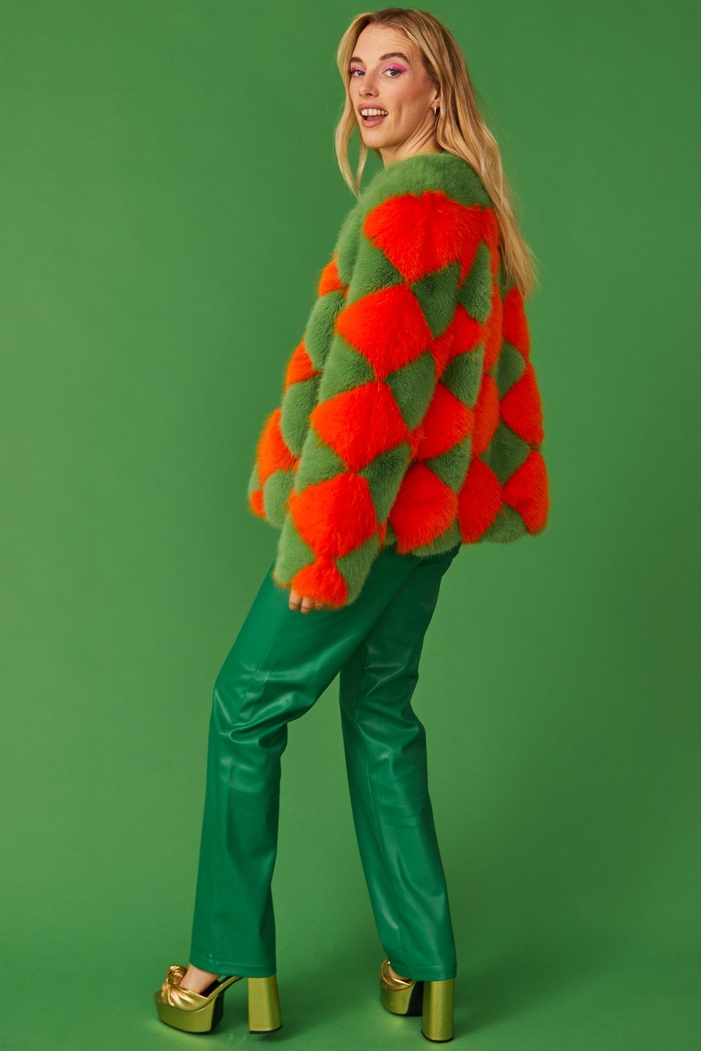 Delilah Green Red Faux Fur Jacket