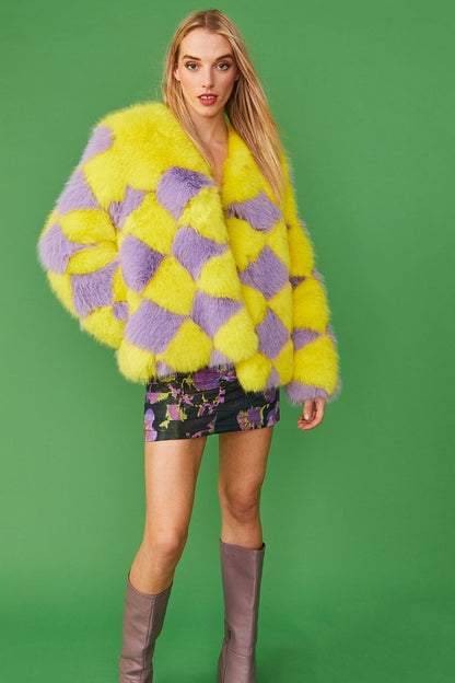 Delilah Yellow Purple Faux Fur Jacket