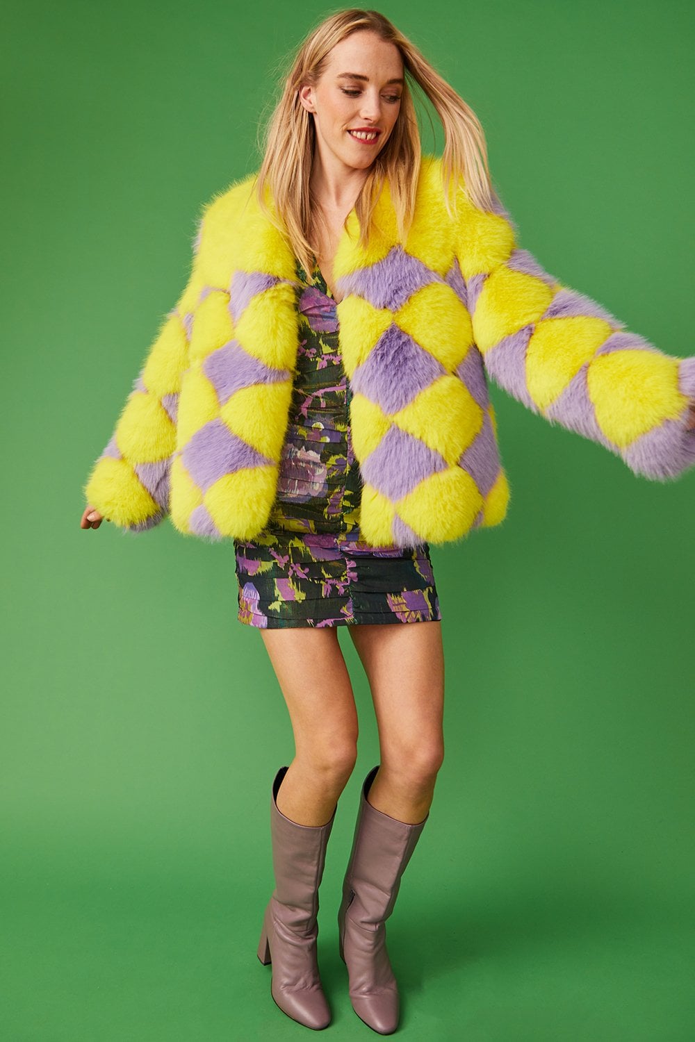 Delilah Yellow Purple Faux Fur Jacket