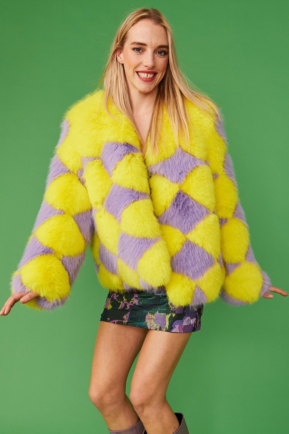 Delilah Yellow Purple Faux Fur Jacket