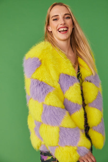 Delilah Yellow Purple Faux Fur Jacket