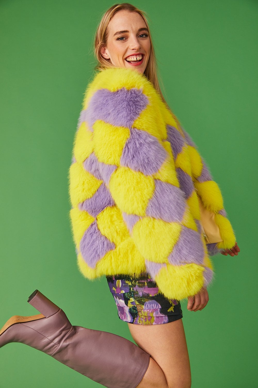 Delilah Yellow Purple Faux Fur Jacket