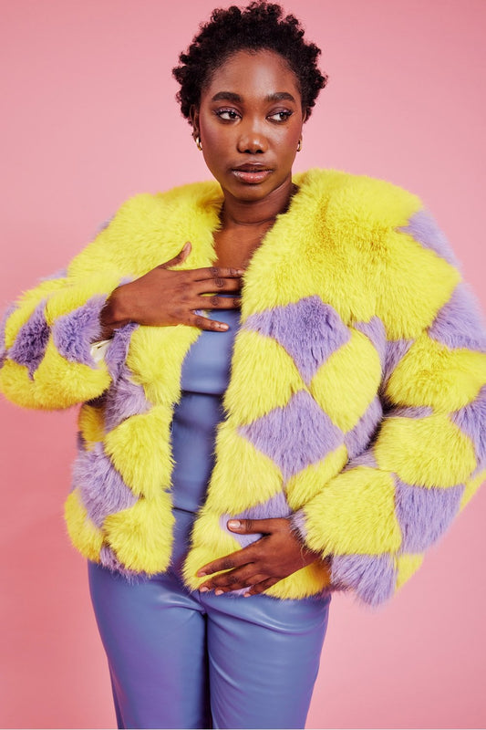 Delilah Yellow Purple Faux Fur Curve Size Jacket