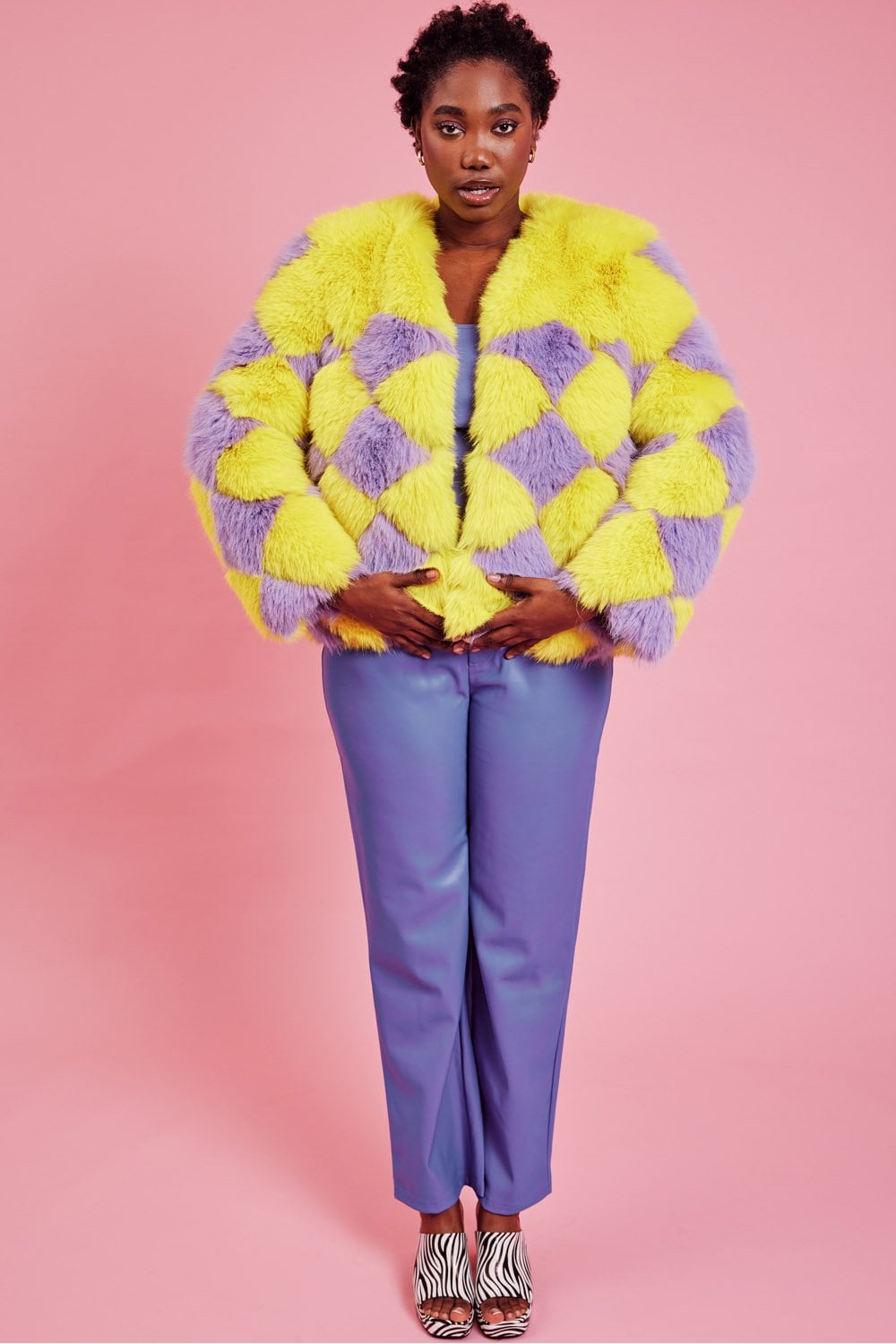 Delilah Yellow Purple Faux Fur Curve Size Jacket