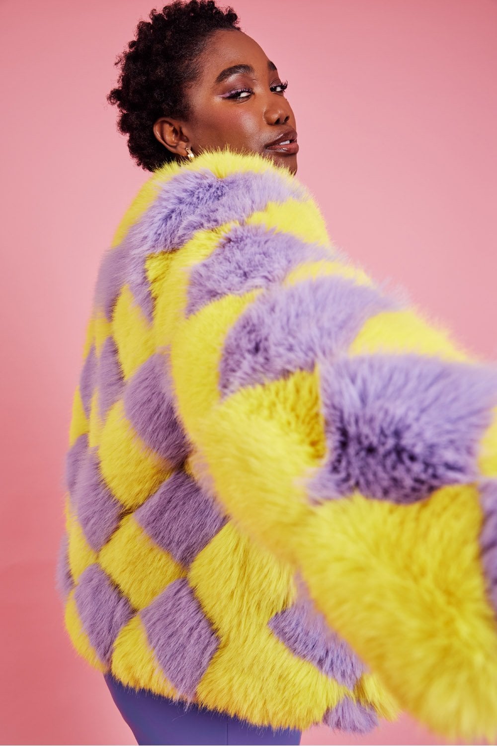 Delilah Yellow Purple Faux Fur Curve Size Jacket