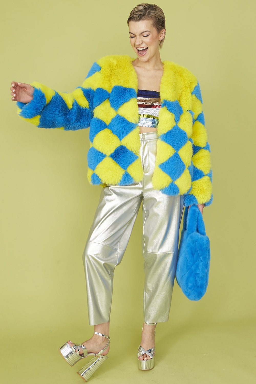 Delilah Handmade Yellow Blue Faux Fur Jacket
