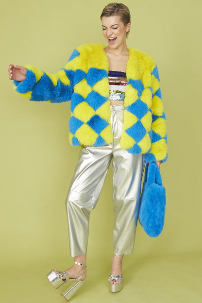 Delilah Handmade Yellow Blue Faux Fur Jacket
