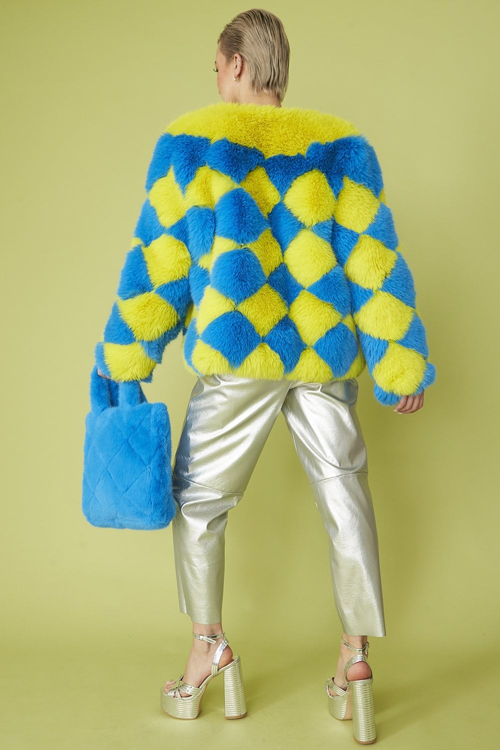 Delilah Handmade Yellow Blue Faux Fur Jacket